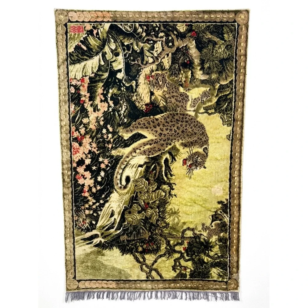 Vintage Swan Brand Velveteen Tapestry Leopard Jungle Wall Hanging Mid Century